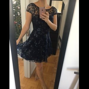 Vera Wang Navy Sequin Overlay Cocktail Dress